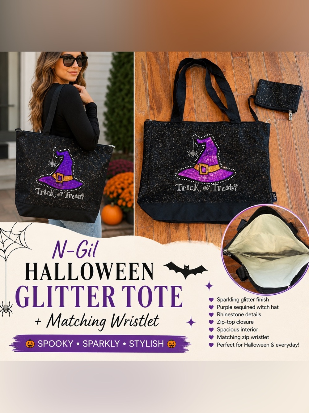 N-Gil Halloween Glitter Trick or Treat Tote Bag w/ Matching Wristlet